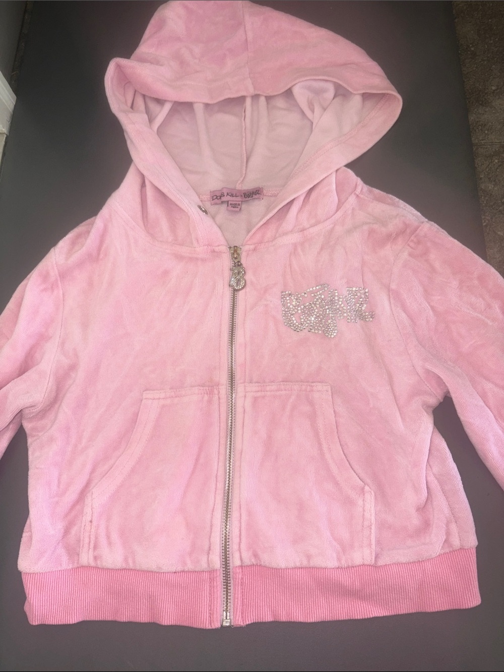 Dolls Kill Pink Velour Hooded Zip-Up with Rhinestone Logo